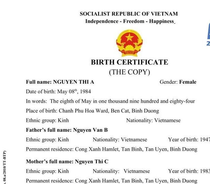 Mẫu bản dịch Giấy khai sinh tiếng Anh chuẩn hồ sơ Visa