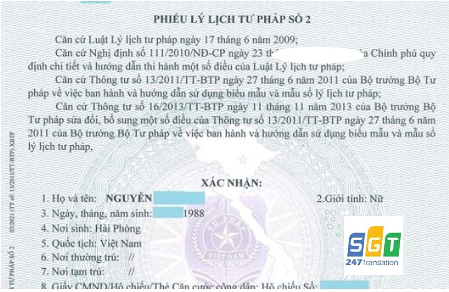 Lý lịch tư pháp số 2 là mẫu thường cần phải dịch thuật