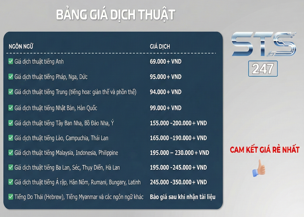 Bảng giá dịch thuật đầy đủ các ngôn ngữ